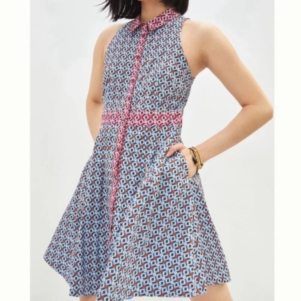 Maeve Anthropologie Buckley Button Front Mini Dress Blue Motif NWT 4
